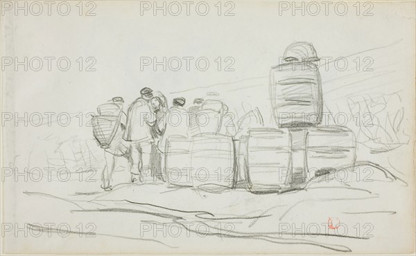 Study of a Group of People with Barrels (recto), Two Studies of a woman Gleaning (verso), c. 1863, Charles François Daubigny, French, 1817-1878, France, Graphite (recto and verso) on ivory wove paper, 105 × 170 mm