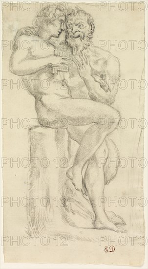 Study of a Nude Figure and a Faun, n.d., Attributed to Pierre Andrieu (French, 1821-1892), formerly attributed to Eugène Delacroix (French, 1798-1863), France, Graphite on cream laid paper, 247 × 134 mm