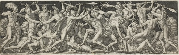 Combats and Triumphs: Battle of the Naked Men, 1550/1572, Etienne Delaune, French, 1518/19-c.1583, France, Engraving on ivory laid paper, 65 × 220 mm