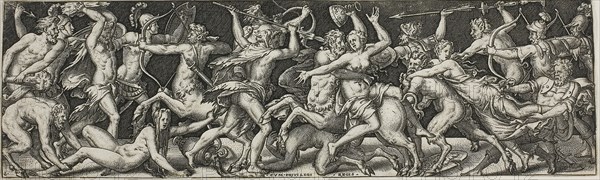 Combat of Centaurs and Lapiths, 1550/1572, Etienne Delaune, French, 1518/19-c.1583, France, Engraving on ivory laid paper, 67 × 221 mm (image/plate), 361 × 266 mm (sheet)