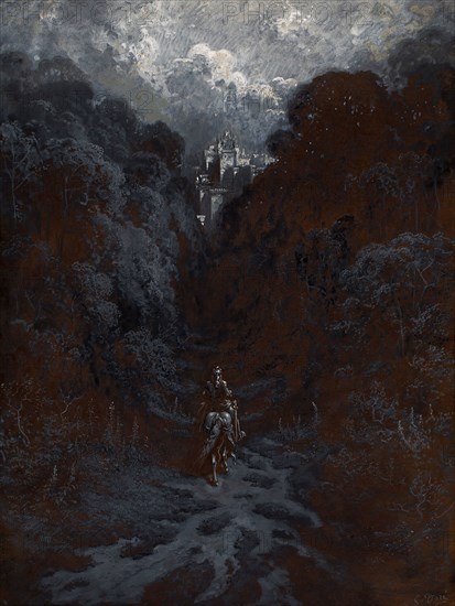 Sir Lancelot Approaching the Castle of Astolat, n.d., Gustave Doré, French, 1832-1883, France, Gouache with pen and black ink, heightened with lead white (partially discolored), on cream wove paper prepared with a brown ink ground, 420 × 317 mm