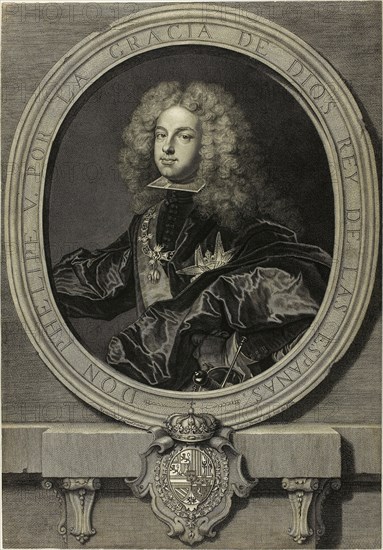 Portrait of Philippe V, King of Spain, 1702, Pierre Drevet (French, 1663-1738), after Hyacinthe Rigaud (French, 1659-1743), France, Engraving on ivory laid paper, 534 × 371 mm (image/sheet, cut within plate)