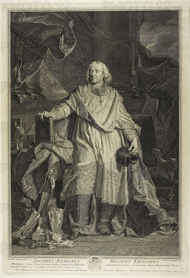 Portrait of Jacques Bénigne Bossuet, Bishop of Meaux, 1723, Pierre-Imbert Drevet (French, 1697-1739), after Hyacinthe Rigaud (French, 1659-1743), France, Engraving on ivory laid paper, 502 × 331 mm (image), 510 × 348 mm (plate), 521 × 356 mm (sheet)