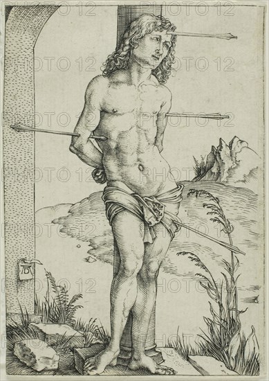 St. Sebastian Bound to the Column, c. 1499, Albrecht Dürer, German, 1471-1528, Germany, Engraving in black on ivory laid paper, 106 x 75 mm (image), 108 x 75 mm (sheet)