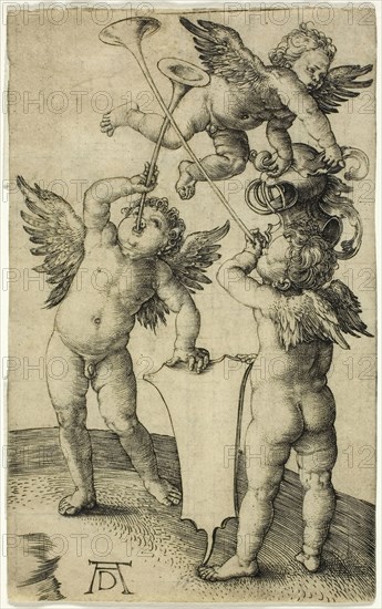 Three Putti with Shield and Helmet, c. 1505, Albrecht Dürer, German, 1471-1528, Germany, Engraving in black on cream laid paper, 115 x 72 mm (image/sheet)