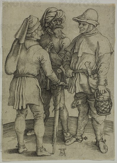Three Peasants in Conversation, c. 1497, Albrecht Dürer, German, 1471-1528, Germany, Engraving in black on ivory laid paper, 108 x 78 mm (image/sheet)