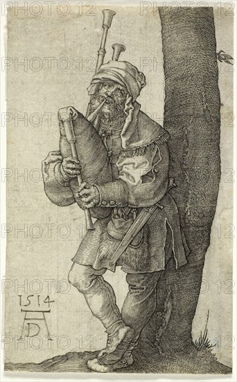 The Bag-Piper, 1514, Albrecht Dürer, German, 1471-1528, Germany, Engraving in black on ivory laid paper, 114 x 71 mm (image/sheet)