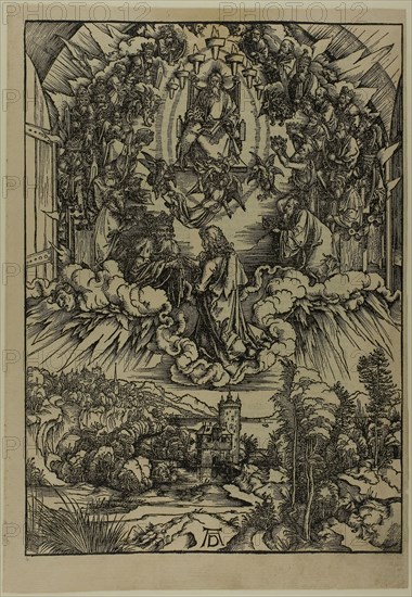 St. John before God and the Elders, from The Apocalypse, c. 1496–98, published 1511, Albrecht Dürer, German, 1471-1528, Germany, Woodcut in black on tan laid paper, 395 x 282 mm (image), 433 x 302 mm (sheet)