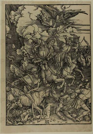 The Four Horsemen of the Apocalypse, from The Apocalypse, c. 1496–98, published 1511, Albrecht Dürer, German, 1471-1528, Germany, Woodcut in black on tan laid paper, 397 x 282 mm (image), 433 x 300 mm (sheet)