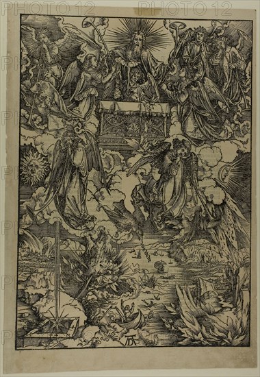 The Seven Trumpets, from The Apocalypse, c. 1496–98, published 1511, Albrecht Dürer, German, 1471-1528, Germany, Woodcut in black on tan laid paper, 394 x 281 mm (image), 432 x 304 mm (sheet)