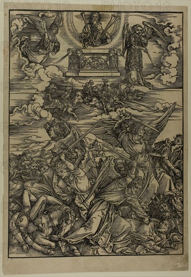 The Four Avenging Angels of Euphrates, from The Apocalypse, c. 1496–98, published 1511, Albrecht Dürer, German, 1471-1528, Germany, Woodcut in black on tan laid paper, 395 x 283 mm (image), 432 x 302 mm (sheet)