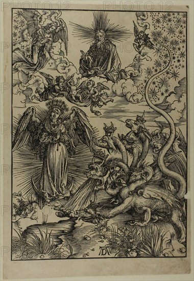 The Apocalyptic Woman, from The Apocalypse, c. 1496–98, published 1511, Albrecht Dürer, German, 1471-1528, Germany, Woodcut in black on tan laid paper, 395 x 281 mm (image), 432 x 300 mm (sheet)
