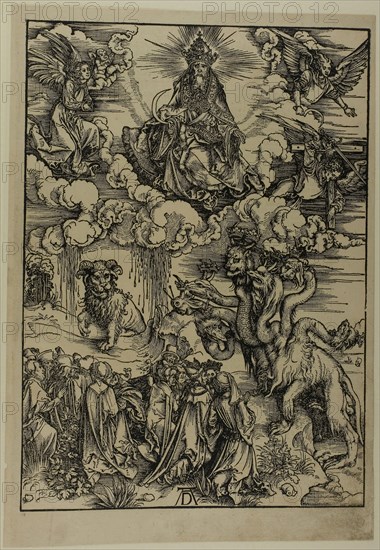 The Beast with Two Horns like a Lamb, from The Apocalypse, c. 1496–98, published 1511, Albrecht Dürer, German, 1471-1528, Germany, Woodcut in black on tan laid paper, 393 x 282 mm (image), 433 x 303 mm (sheet)