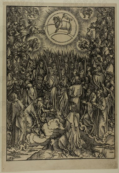 The Adoration of the Lamb, The Hymn of the Chosen, from The Apocalypse, c. 1496–98, published 1511, Albrecht Dürer, German, 1471-1528, Germany, Woodcut in black on tan laid paper, 395 x 282 mm (image), 432 x 302 mm (sheet)