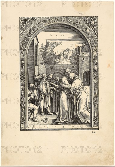 Joachim and St. Anne Meet at the Golden Gate, from The Life of the Virgin, c. 1504, published 1511, Albrecht Dürer, German, 1471-1528, Germany, Woodcut in black on tan laid paper, 301 x 209 mm (image), 434 x 302 mm (sheet)