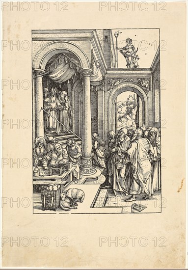 The Presentation of the Virgin in the Temple, from The Life of the Virgin, c. 1503–04, published 1511, Albrecht Dürer, German, 1471-1528, Germany, Woodcut in black on tan laid paper, 302 x 211 mm (image), 434 x 301 mm (sheet)