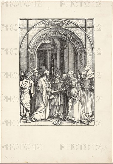 The Betrothal of the Virgin, from The Life of the Virgin, c. 1504, published 1511, Albrecht Dürer, German, 1471-1528, Germany, Woodcut in black on ivory laid paper, 297 x 208 mm (image), 448 x 309 mm (sheet)