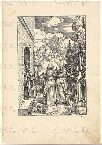 The Visitation, from The Life of the Virgin, c. 1504, published 1511, Albrecht Dürer, German, 1471-1528, Germany, Woodcut in black on tan laid paper, 303 x 210 mm (image), 434 x 303 mm (sheet)