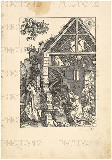 The Adoration of the Shepherds, from The Life of the Virgin, c. 1503, published 1511, Albrecht Dürer, German, 1471-1528, Germany, Woodcut in black on tan laid paper, 302 x 209 mm (image), 433 x 304 mm (sheet)