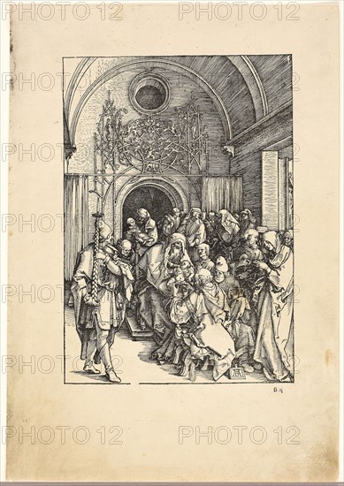The Circumcision of Christ, from The Life of the Virgin, c. 1505, published 1511, Albrecht Dürer, German, 1471-1528, Germany, Woodcut in black on tan laid paper, 298 x 209 mm (image), 433 x 302 mm (sheet)