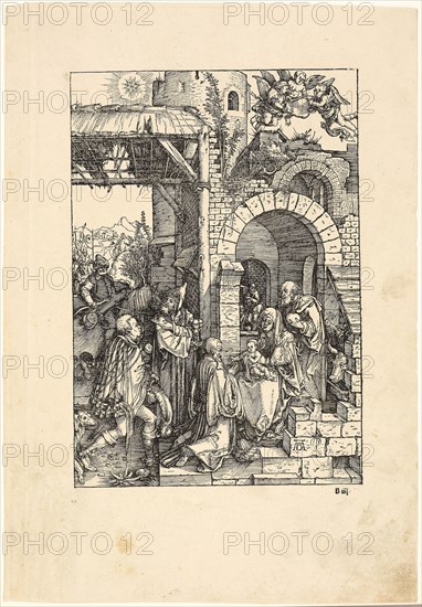 The Adoration of the Magi, from The Life of the Virgin, c. 1503, published 1511, Albrecht Dürer, German, 1471-1528, Germany, Woodcut in black on tan laid paper, 302 x 210 mm (image), 433 x 302 mm (sheet)