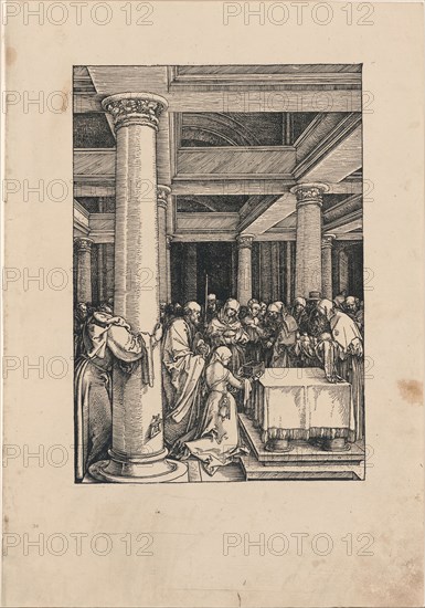 The Presentation of Christ in the Temple, from The Life of the Virgin, c. 1505, published 1511, Albrecht Dürer, German, 1471-1528, Germany, Woodcut in black on tan laid paper, 299 x 208 mm (image), 433 x 303 mm (sheet)