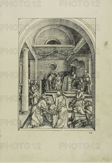 Christ Among the Doctors, from The Life of the Virgin, c. 1503, published 1511, Albrecht Dürer, German, 1471-1528, Germany, Woodcut in black on ivory laid paper, 299 x 208 mm (image), 433 x 300 mm (sheet)