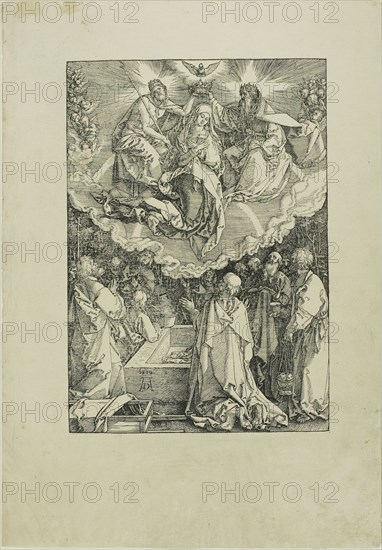 Assumption and Coronation of the Virgin, from The Life of the Virgin, 1510, published 1511, Albrecht Dürer, German, 1471-1528, Germany, Woodcut in black on tan laid paper, 293 x 205 mm (image), 431 x 300 mm (sheet)