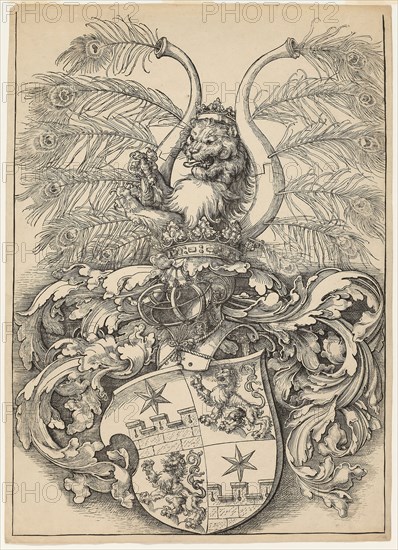 Coat of Arms of Wilhelm and Wolfgang Rogendorf, 1864 (copy), 1520 (original), After Albrecht Dürer, German, 1471-1528, Ralf Leopold von Retberg-Wettbergen, German, 1812-1885, Germany, Lithograph in black on ivory wove paper, 628 x 448 mm (image), 648 x 464 mm (sheet)