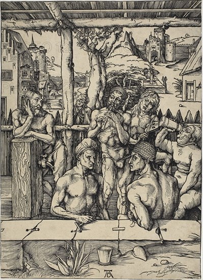 The Men’s Bath, 1496/97, Albrecht Dürer, German, 1471-1528, Germany, Woodcut in black on buff laid paper, 383 x 278 mm (image/sheet, trimmed within block)