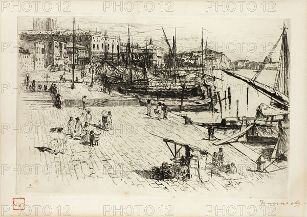 The Riva, Looking Towards the Caserna, 1880, Frank Duveneck, American, 1848-1919, United States, Etching, with drypoint, in black on cream wove paper, laid down on ivory wove paper (chine collé), 219 x 333 mm (image/plate), 217 x 333 mm (primary support), 328 x 468 mm (secondary support)