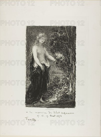 In Memory of Robert Schumann, 1873, Henri Fantin-Latour, French, 1836-1904, France, Lithograph in black on off-white China paper laid down on white wove paper, 305 × 189 mm (image/chine), 501 × 374 mm (sheet)