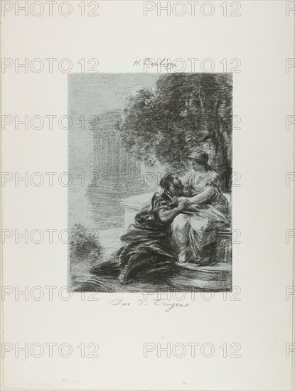 Duet of the Trojans, first plate, 1876, Henri Fantin-Latour, French, 1836-1904, France, Lithograph in black on light blue China paper, laid down on ivory wove paper, 295 × 223 mm (image), 524 × 389 mm (sheet)