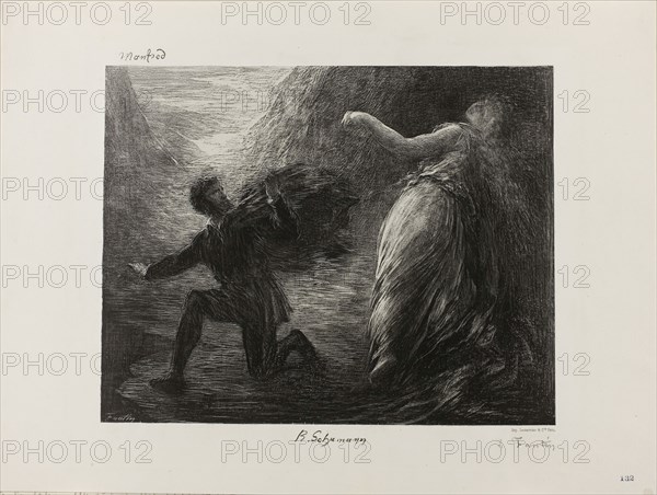 Manfred and Astarte, from Robert Schumann’s Overture to Manfred (1848-49), 1879, Henri Fantin-Latour, French, 1836-1904, France, Lithograph in black on off-white China paper laid down on white wove paper, 247 × 312 mm (image), 338 × 452 mm (sheet)