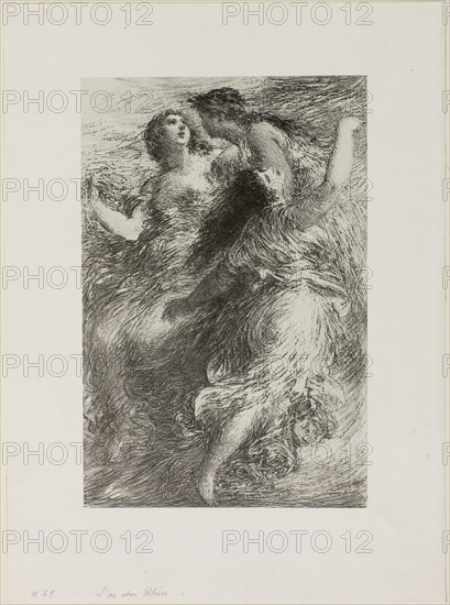 The Rhinegold: Scene I, The Rhinemaidens, 1886, Henri Fantin-Latour, French, 1836-1904, France, Lithograph in black, with scraping on stone, on grayish-ivory China paper, laid down on off-white wove paper, 227 × 150 mm (image), 227 × 150 mm (primary support), 316 × 232 mm (secondary support)