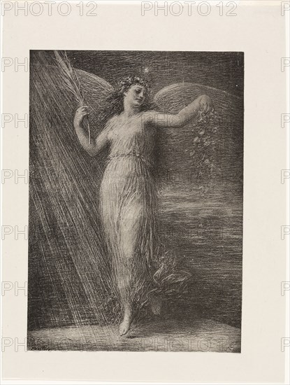 Réveil, 1886, Henri Fantin-Latour, French, 1836-1904, France, Lithograph in black with scraping on stone on greyish-ivory laid china paper with visible brushmarks, 349 × 249 mm (image), 435 × 328 mm (sheet, folded)