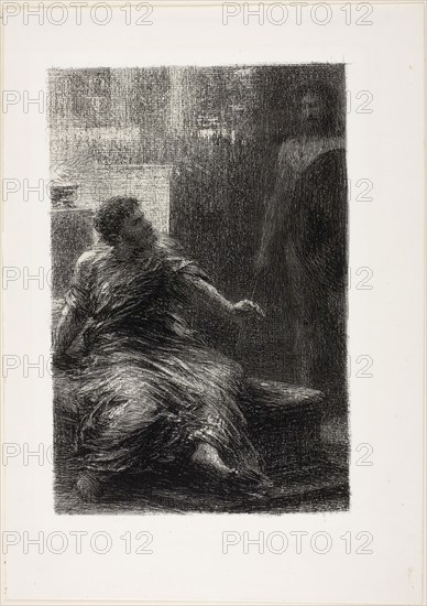 The Capture of Troy: Act III, The Apparition of Hector, from Hector Berlioz’s Opera The Capture of Troy (1855-58), 1888, Henri Fantin-Latour, French, 1836-1904, France, Lithograph in black with scraping on stone, on greyish-ivory chine laid down on thick ivory wove paper, 243 × 164 mm (image), 233.5 × 156 mm (sheet), 310 × 221 mm (sheet)