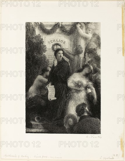 Apotheosis, c. 1888, Henri Fantin-Latour, French, 1836-1904, France, Lithograph in black with scraping on stone on greyish-ivory chine laid down on cream wove paper, 228 × 155 mm (image), 228 × 154 mm (primary support), 323 × 253 mm (secondary support)