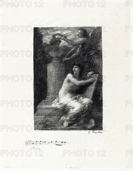 To Berlioz, small plate, 1895, Henri Fantin-Latour, French, 1836-1904, France, Lithograph in black on off-white chine, 214 × 142 mm (image), 347 × 270 mm (sheet)
