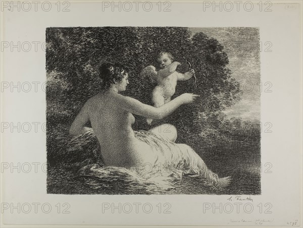 Venus and Cupid, large plate, 1896, Henri Fantin-Latour, French, 1836-1904, France, Lithograph in black on ivory China paper laid down on white wove paper, 324 × 413 mm (image), 428 × 569 mm (sheet)
