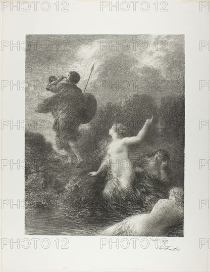 Twilight of the Gods: Siegfried and the Rhine Maidens, 1898, Henri Fantin-Latour, French, 1836-1904, France, Lithograph in black on ivory China paper laid down on ivory wove paper, 476 × 377 mm (image), 635 × 488 mm (sheet)