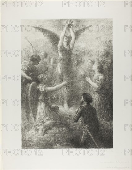 Prelude to Lohengrin, second plate, 1898, Henri Fantin-Latour, French, 1836-1904, France, Lithograph in black on ivory China paper laid down on ivory wove paper, 488 × 347 mm (image), 632 × 485 mm (sheet)