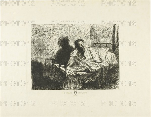 Portrait of Charles Meryon Sitting Up in Bed, 1858, Léopold Flameng, French, born Belgium, 1831-1911, France, Soft ground etching on cream Japanese paper, 184 × 245 mm (image), 223 × 273 mm (plate), 330 × 420 mm (sheet)