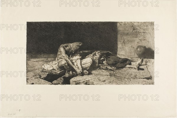 Arab Watching the Body of His Friend, n.d., Mariano José María Bernardo Fortuny y Carbó, Spanish, 1838-1874, Spain, Etching on paper, 215 x 410 mm