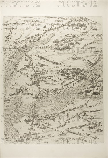 Plate Three from La Siège de la Rochelle, 1631, Jacques Callot (French, 1592-1635), printed by Chalcographie du Louvre, Paris, France, Etching on paper, 570 × 445 mm (image), 579 × 451 mm (plate), 718 × 513 mm (sheet)