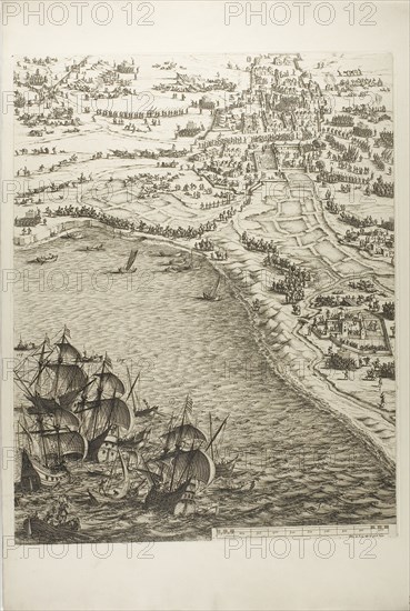 Plate Six from La Siège de la Rochelle, 1631, Jacques Callot (French, 1592-1635), printed by Chalcographie du Louvre, Paris, France, Etching on paper, 567 × 443 mm (image), 569 × 449 mm (plate), 717 × 510 mm (sheet)