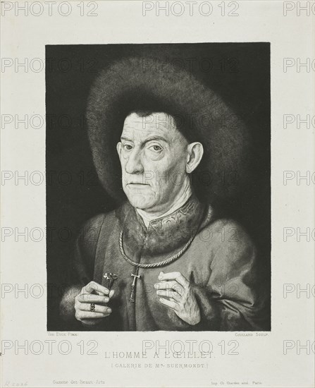 The Man with the Pink, 1869, Claude Ferdinand Gaillard (French, 1834-1887), after Jan van Eyck (Netherlandish, c. 1390-1441), France, Engraving on ivory wove paper, 201 × 163 mm