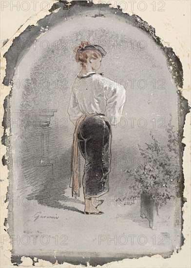 Woman in Spanish Costume, n.d., Paul Gavarni, French, 1804-1866, France, Graphite with red chalk, heightened with brush and white gouache, on gray clay-coated wove paper, laid down on board, 331 × 240 mm