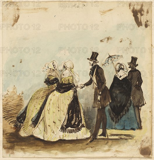 Hyde Park, n.d., Attributed to Constantin Guys, French, 1802-1892, France, Pen and brown ink, with brush and watercolor, on ivory wove paper, 198 × 191 mm