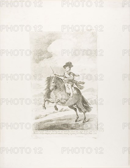 Baltasar Carlos, 1778, Francisco José de Goya y Lucientes (Spanish, 1746-1828), after Diego Velázquez (Spanish, 1599-1660), Spain, Etching and drypoint with engraved inscription on ivory laid paper, 326 x 223 mm (image), 350 x 223 mm (plate), 553 x 431 mm (sheet, folded at bottom)